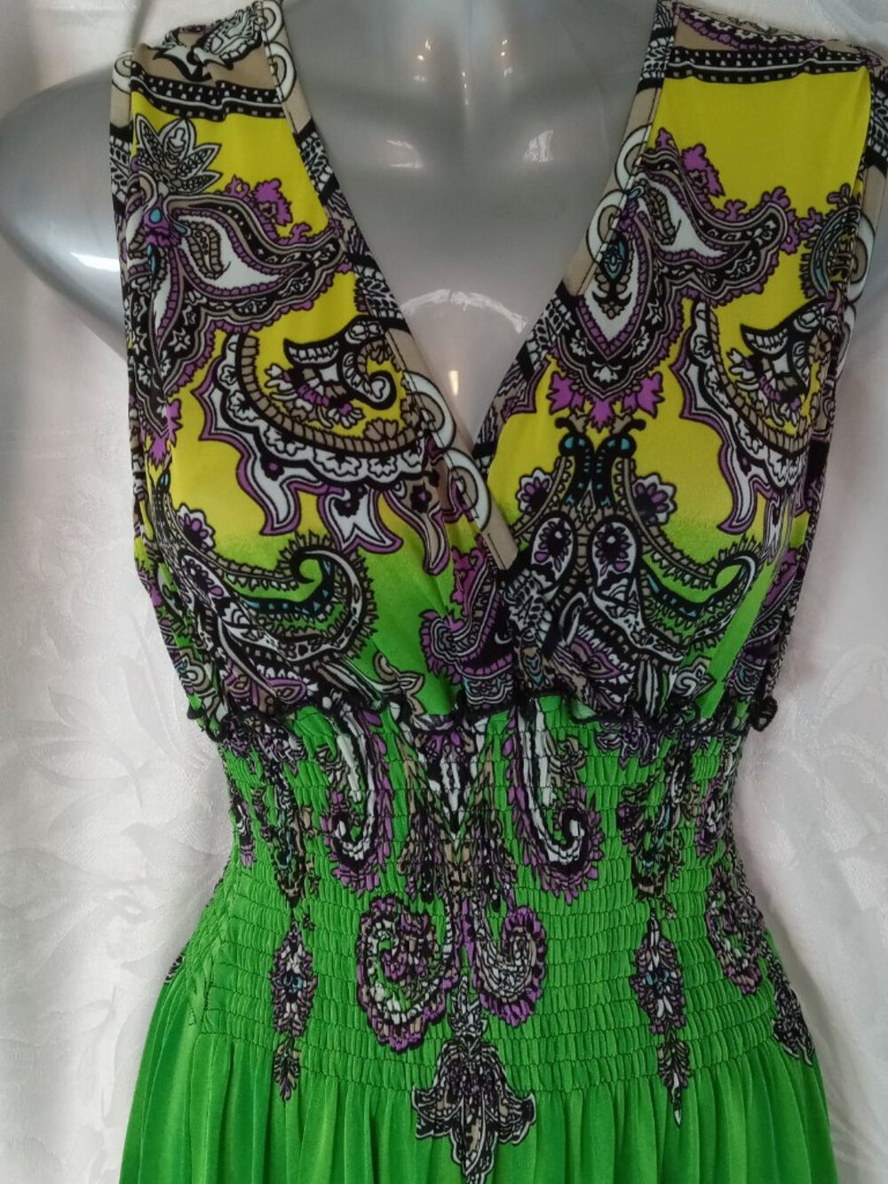 DOROTHY Perkins Smocked Long Paisley MAXI Sun Dress Sz M Green Yellow Boho